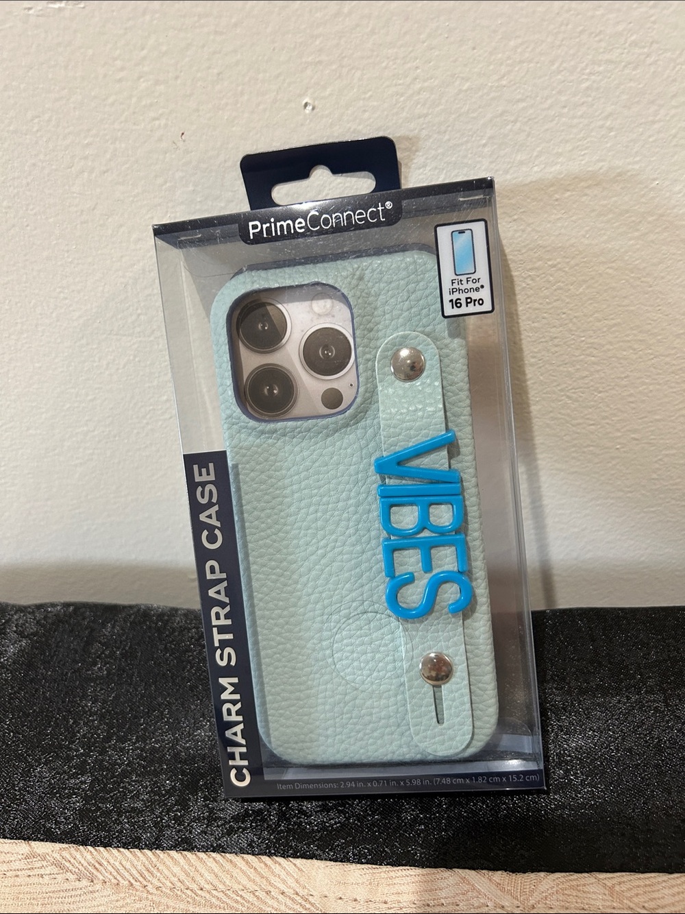 Light Blue 'VIBES' Charm Strap Case for iPhone 16 Pro